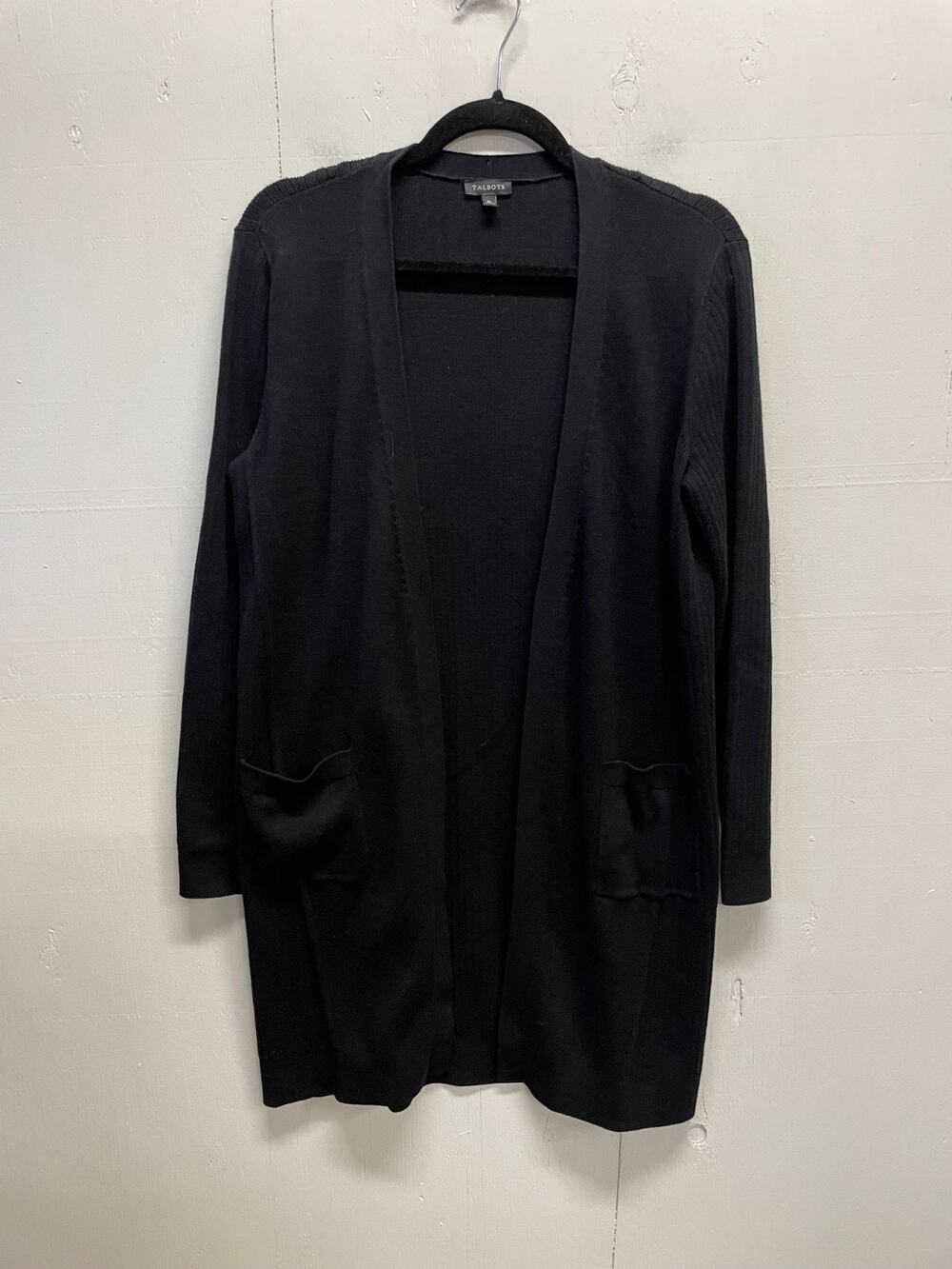Talbots Women's Open-Front Cardigan Sweater Ribbed Knit Size Medium Black Cotton